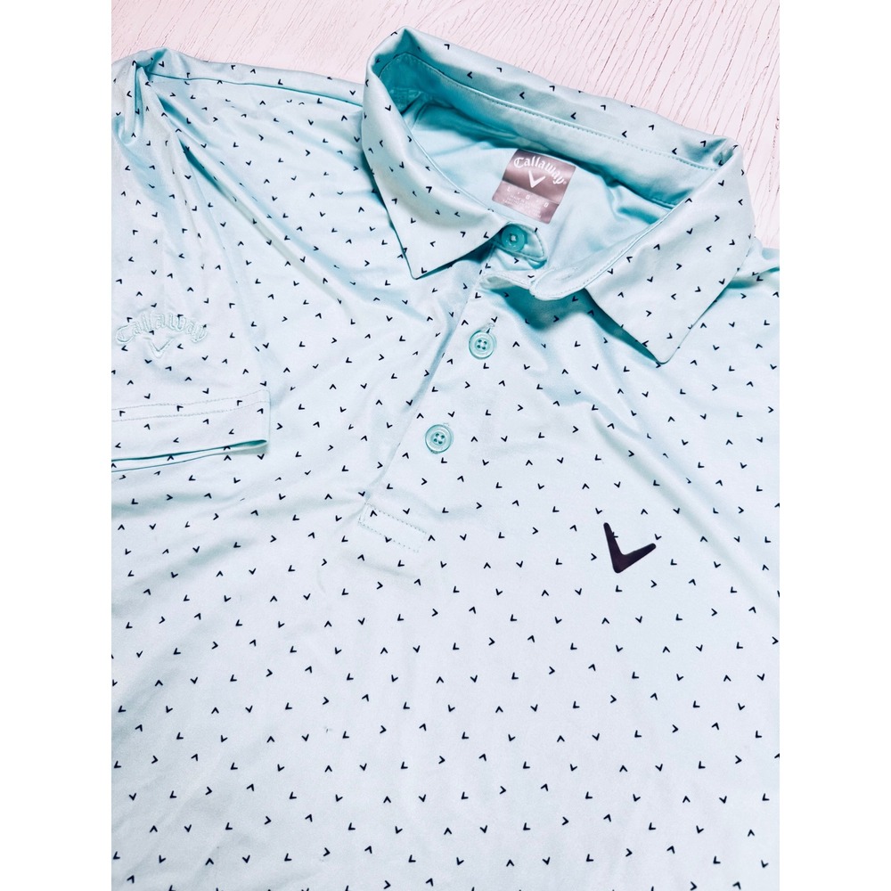 Callaway Golf Polo Shirt Mens Large Aqua Blue Chevron Print CGKSE0S7 Short Slv